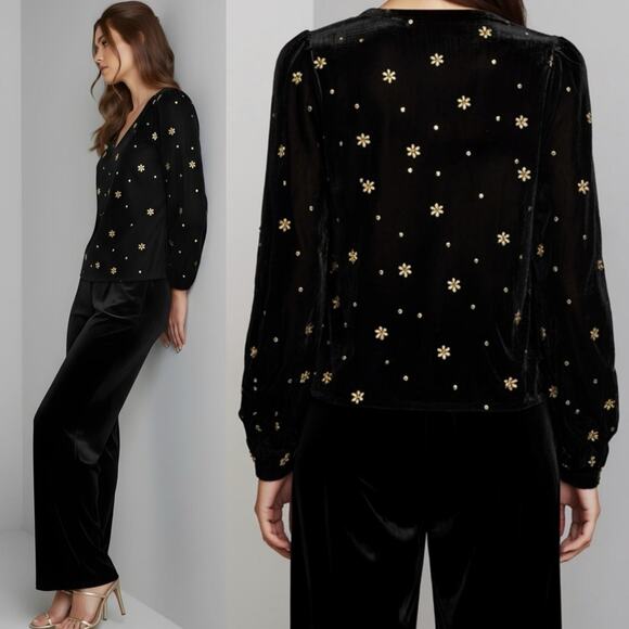 Sézane 36 Galeo Velvet Blouse | Black Gold Embroidered Flowers, US 4 S, NWT - Picture 2 of 15